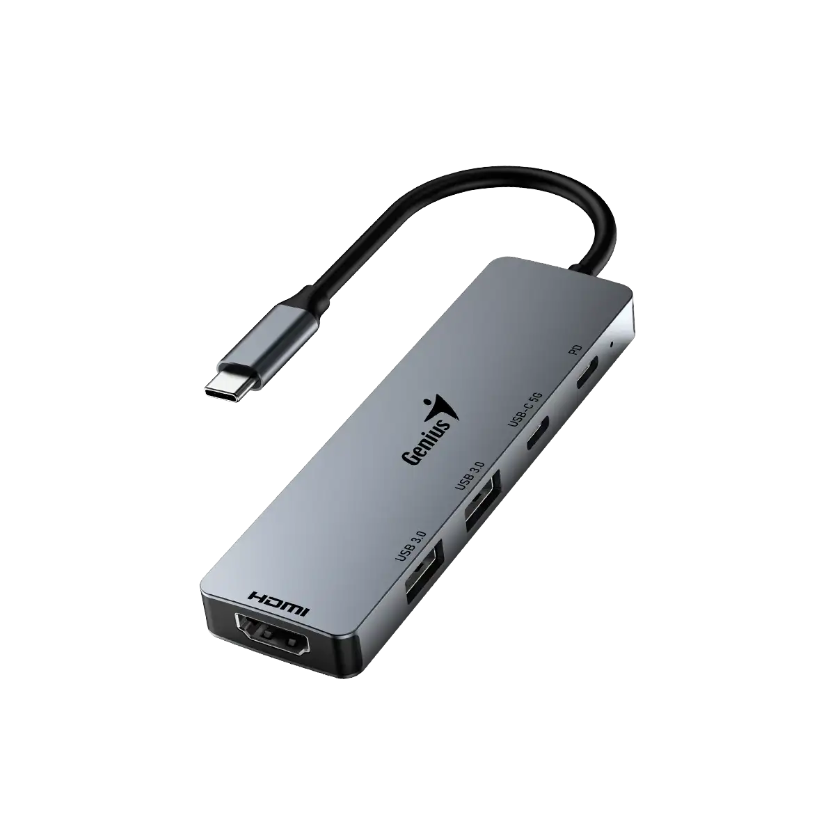 Adaptador Hub Genius Tipo C (M) a HDMI (H)+ 2 puertos USB 3.0 (H)+ tipo C 5G (H)+ puerto tipo C de carga hasta 100W (UH-500 GREY)