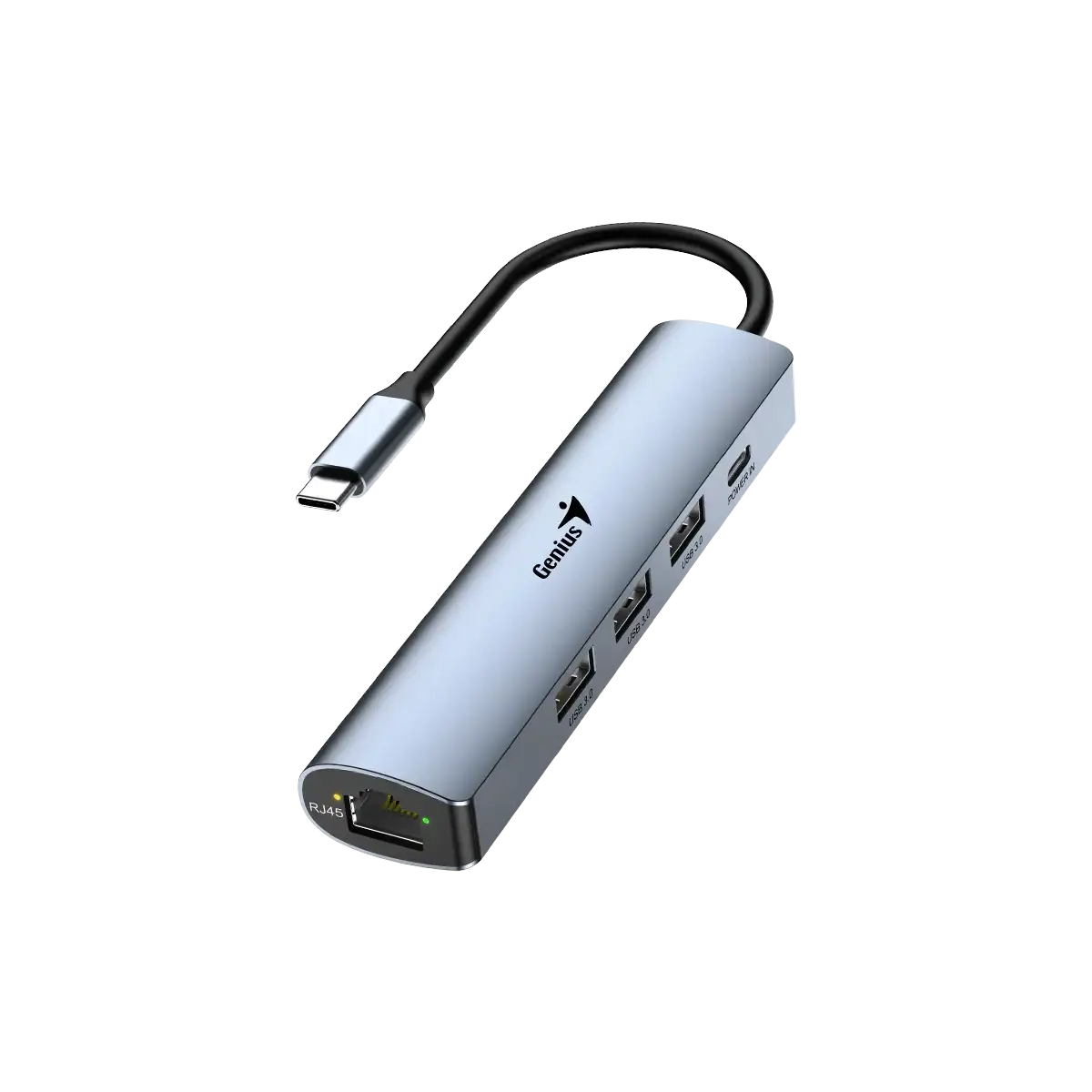 Hub adaptador Genius USB-C (M) a puerto RJ45 + 3 puertos USB 3.0 (H) + puerto USB-C de carga 5V 3A (UH-545 IRON GREY)
